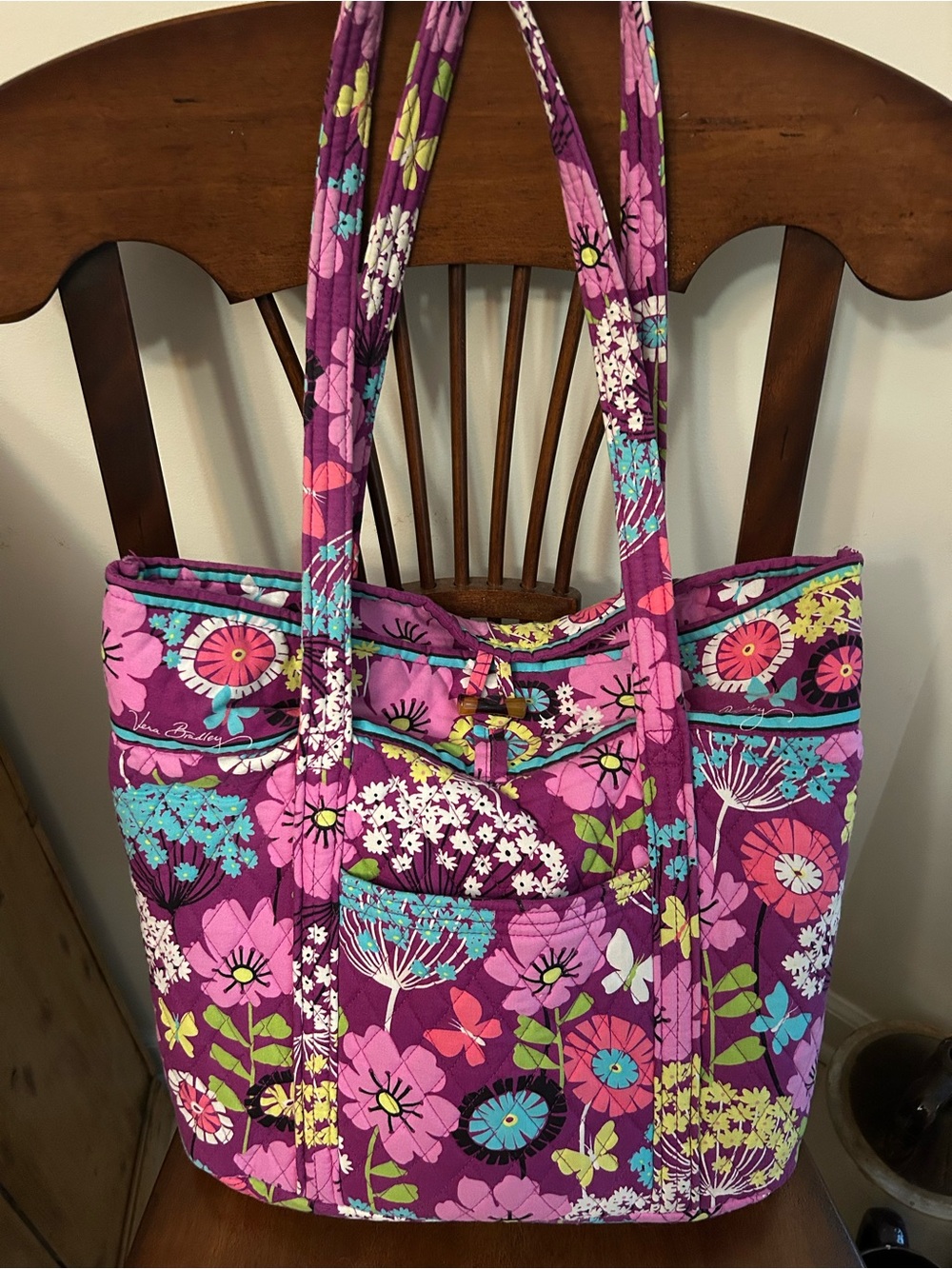Vera Bradley Purple Floral Quilted Shoulder Tote with Pink & Teal Accents